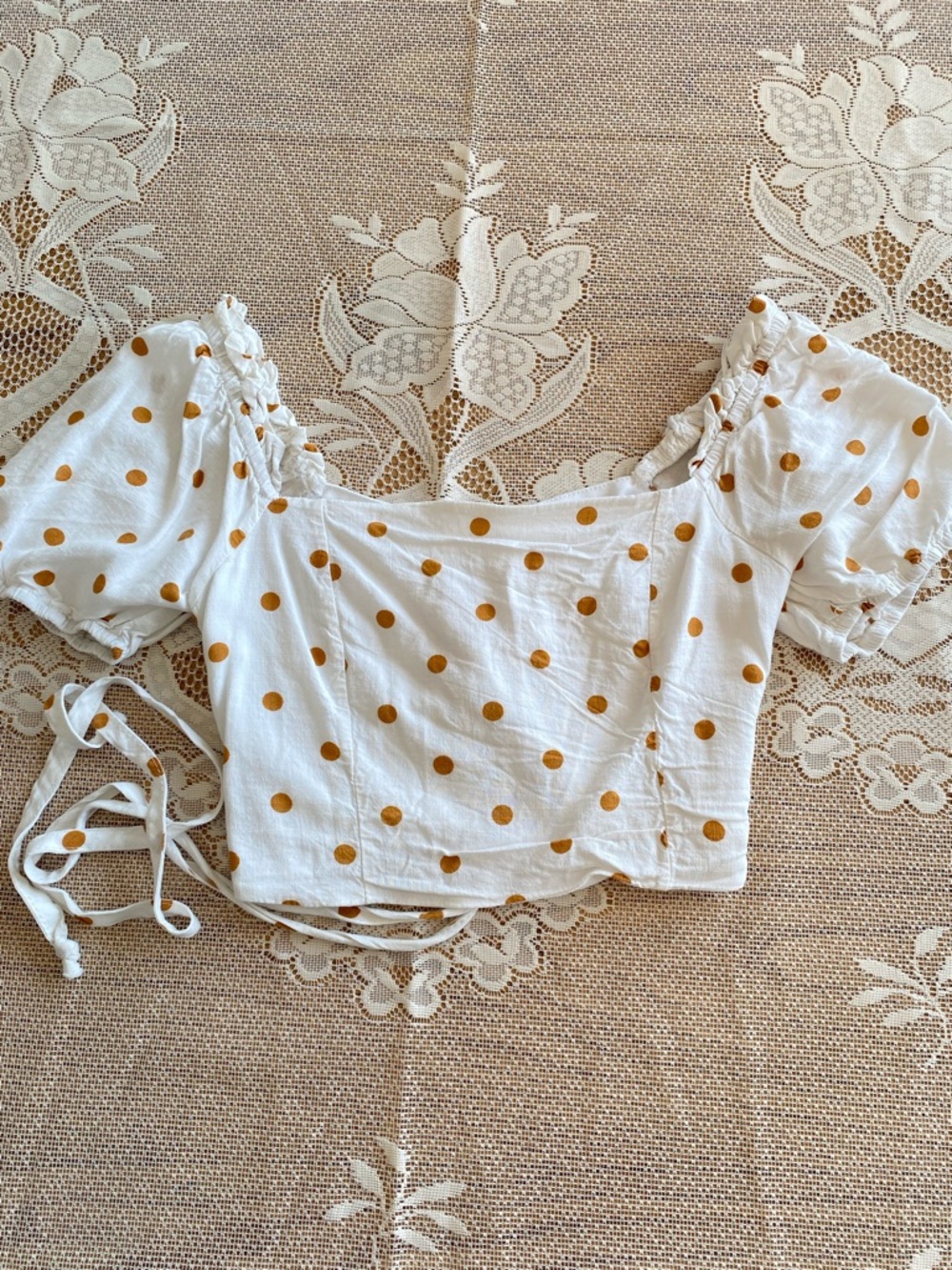 URBAN Romantics White Crop Top with Mustard Polka Dots
